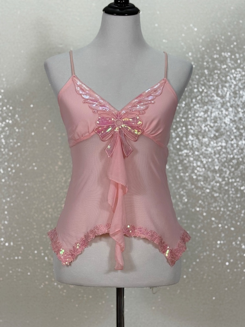 Y2K Pink Sheer Mesh Camisole Top Sequin Bow Lace Trim Fairycore Babydoll - Picture 11 of 12